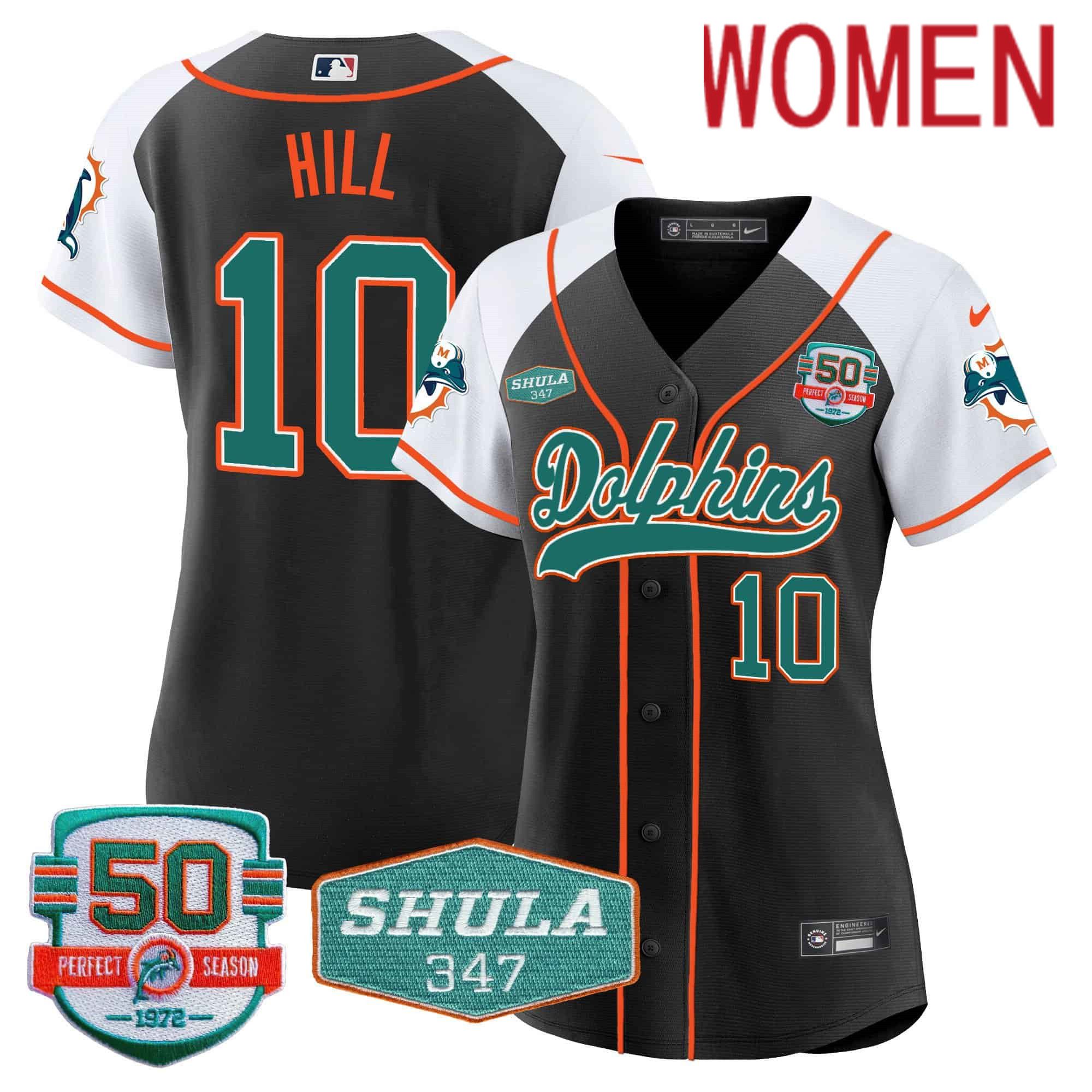 Women Miami Dolphins #10 Hill Black 2024 Nike 50th Don Shula Memorial Patch Baseball NFL Jersey